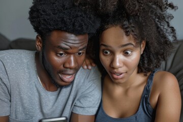 Two individuals viewing cellphone on sofa