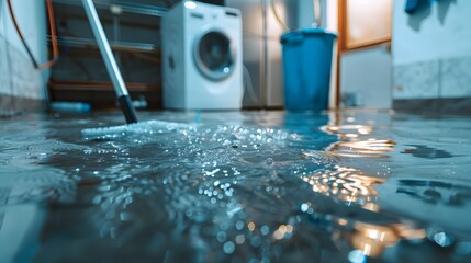 Mopping up deep floodwater, Flooding after a burst water pipe