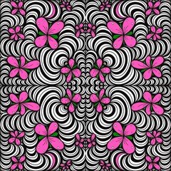 Abstract, Doodle, Doodle Abstract lines consist of lines, soft curved line patterns, line patterns composed of floral and leaf motifs, art, black stripes, pink flowers.
