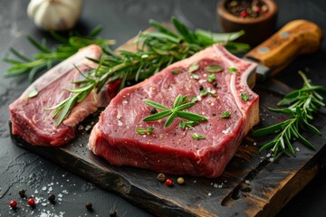 Meat pieces cutting board herbs