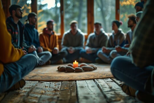Group gathers around candle on floor
