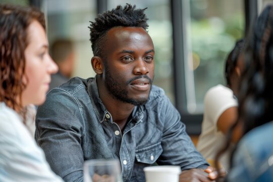Two individuals conversing at a table