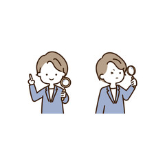 虫眼鏡を手に持って解説する若い日本人男性