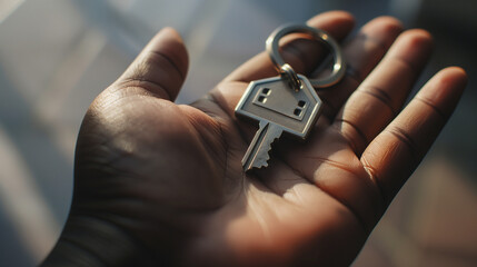 A hand holding a key adorned with a house-shaped keychain represents home ownership and security. New house keys illustration for real estate context.

