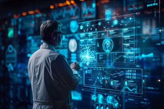 Scientist in lab coat viewing brain scans on screen