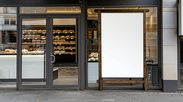 At the bakery's entrance, a floor advertising banner stands ready to showcase delectable bakery treats and food products, enticing passersby inside.





