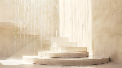 Light stone podium with azure water against a beige wall, bathed in soft light. Perfect for advertising.
