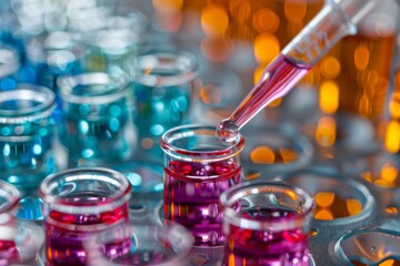 Variety of colorful liquids in glass bottles