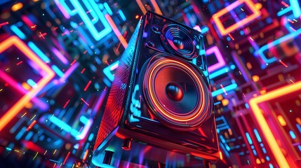 music speaker with neon backlight in the dark. Sound system on background of digital electronic lights.