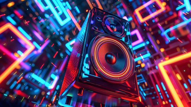 music speaker with neon backlight in the dark. Sound system on background of digital electronic lights.