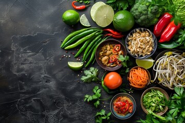 Various veggies and herbs in bowls on black surface