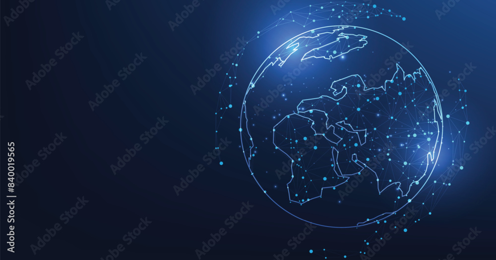 Poster Global network technology background.World image on dark blue background.Communication technology for business.Futuristic globalization modern.3D vector illustration.	
