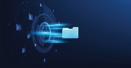 Document management and Data transfer through cloud technology. Exchange data with modern internet technology on a dark blue background. Files data system relocation concept.