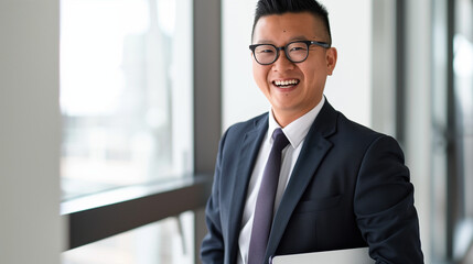 Fototapeta premium A close-up shot captures a confident office worker in a formal suit and glasses, smiling brightly while holding a folder and looking directly into the camera against a bright office backdrop.