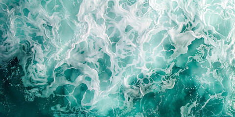 Naklejka premium From above aerial view of turquoise ocean water with splashes and foam