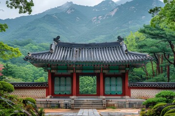 Small pavilion with red roof and green doors