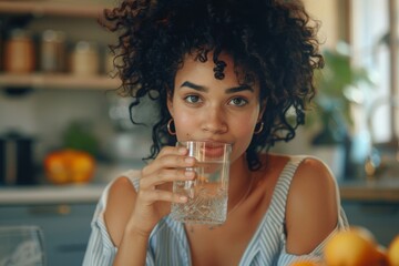 Woman drinking water at table