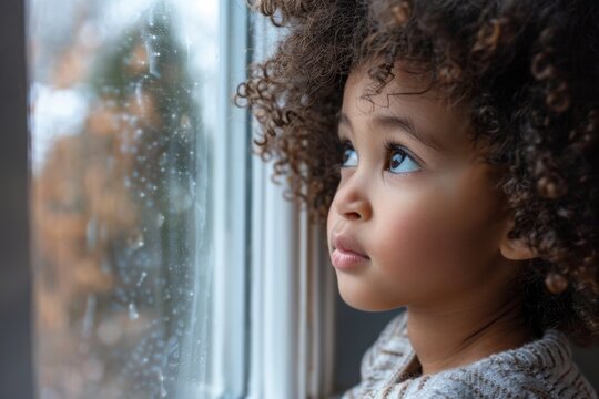 Young child watching rain outside