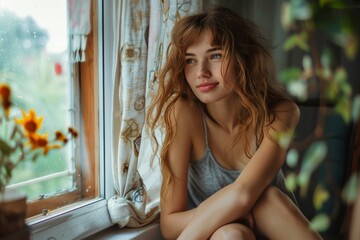 Fototapeta premium Woman on window ledge overlooking