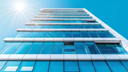 a clean mordern white and blue office building in Summer sunshine 