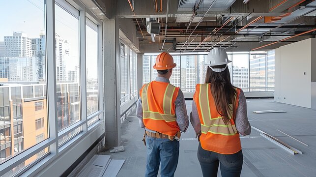 Professional team reviewing construction progress in an empty office building, hard hats and safety vests, evaluating structural elements, planning next steps