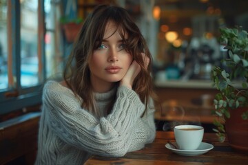 Woman seated, coffee cup