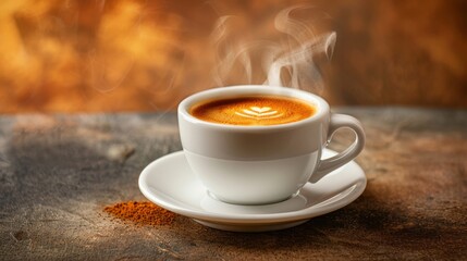 A close-up image of a white cup filled with steaming coffee, featuring a heart-shaped latte art design, sitting on a white saucer on a rustic wooden table
