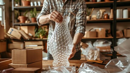 Individual carefully wrapping a delicate vase in bubble wrap, surrounded by packing supplies and moving boxes