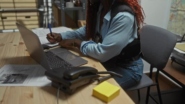 African american woman detective working at the police station, using laptop and analyzing documents.