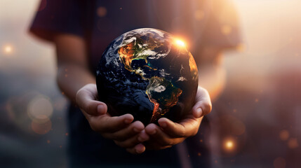 Fototapeta premium Hands hold a globe on a neutral background, representing global awareness and conservation.