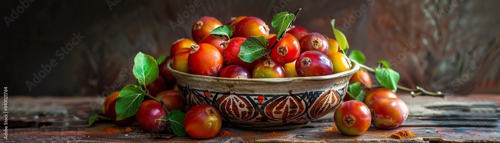 Wall mural A medley of fresh jujubes, both whole and sliced, displayed in a vintage bowl on a wooden table with a rustic ambiance