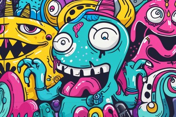 Cartoon cute doodles of a friendly graffiti monster adding vibrant designs to urban spaces, Generative AI