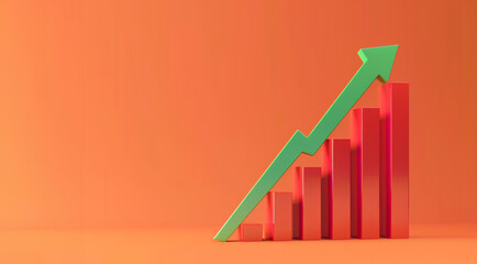 Rising Bar Graph with Green Arrow on Vibrant Orange Background