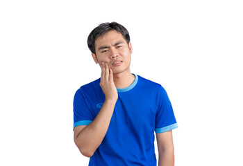 Young Asian man touching mouth suffering from toothache or dental illness on teeth isolated on...