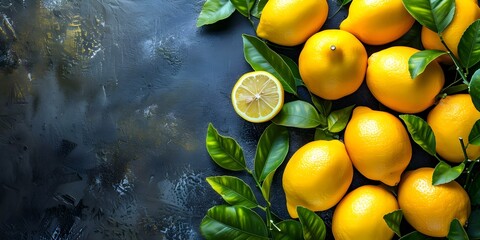 Fresh lemon citrus fruits with green leaves on a sunny background. Concept Citrus fruits, Fresh lemons, Green leaves, Sunny background
