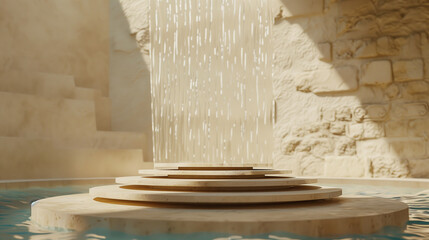 A low, round podium of light stone with azure water against a beige stone wall, in soft light. Great for product displays.
