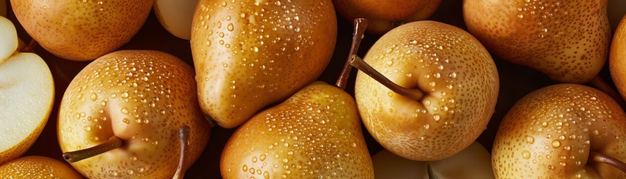 A variety of Asian pears with their goldenyellow skins, some sliced to show the crisp, juicy interior, arranged on a ceramic dish