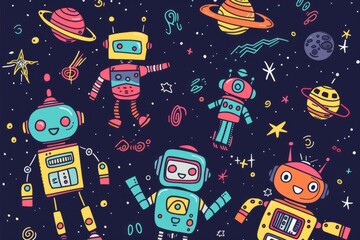 Cartoon cute doodles of adorable robots creating graffiti art in outer space, Generative AI 