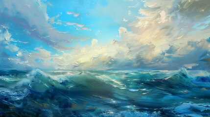 The camera captures azure waves in motion, their peaks shining in sunlight.
