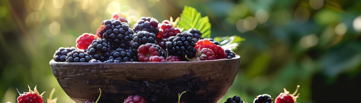 A variety of wild blackberries, including dewberries and boysenberries, in a handmade clay bowl with dappled sunlight filtering through