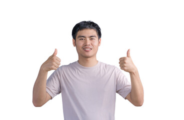 Young Asian handsome man wearing a casual t-shirt standing over white background approving doing positive gestures with his hand, thumbs up smiling, and happy for success. Winner gesture.