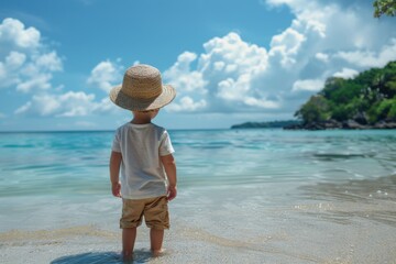Child stands beach water