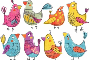 Cartoon cute doodles of colorful birds using their feathers as paintbrushes for graffiti, Generative AI 