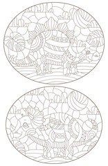 Set of contour illustrations in the style of stained glass with cute dinosaurs, dark contours on a white background