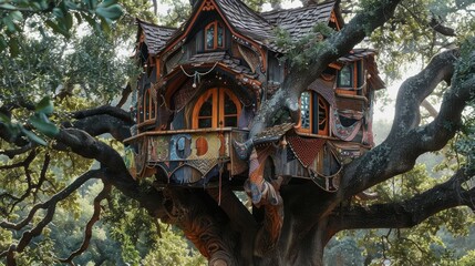 Fototapeta premium A tree house with a colorful roof and a large window. The tree house is surrounded by trees and has a cozy, whimsical feel to it