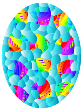 recommend clip art: A stained glass illustration with bright rainbow fish on a blue background, oval image