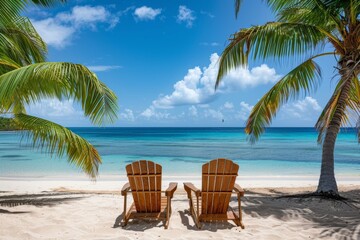Obraz premium Two chairs beach sand palm trees