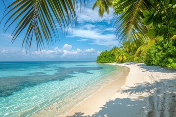 Sunny beach, lone palm, serene sea