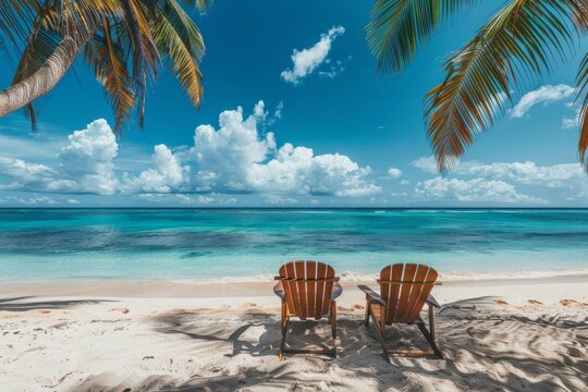Two chairs by palm trees on sunny beach