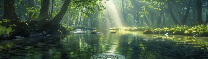 Obraz premium A forest with a sun shining on the water. The sun is reflected in the water, creating a beautiful and serene atmosphere